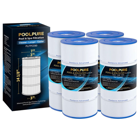PoolPURE PLFPCC60 filter cartridge close-up showing 60 sq ft filtration for clean water