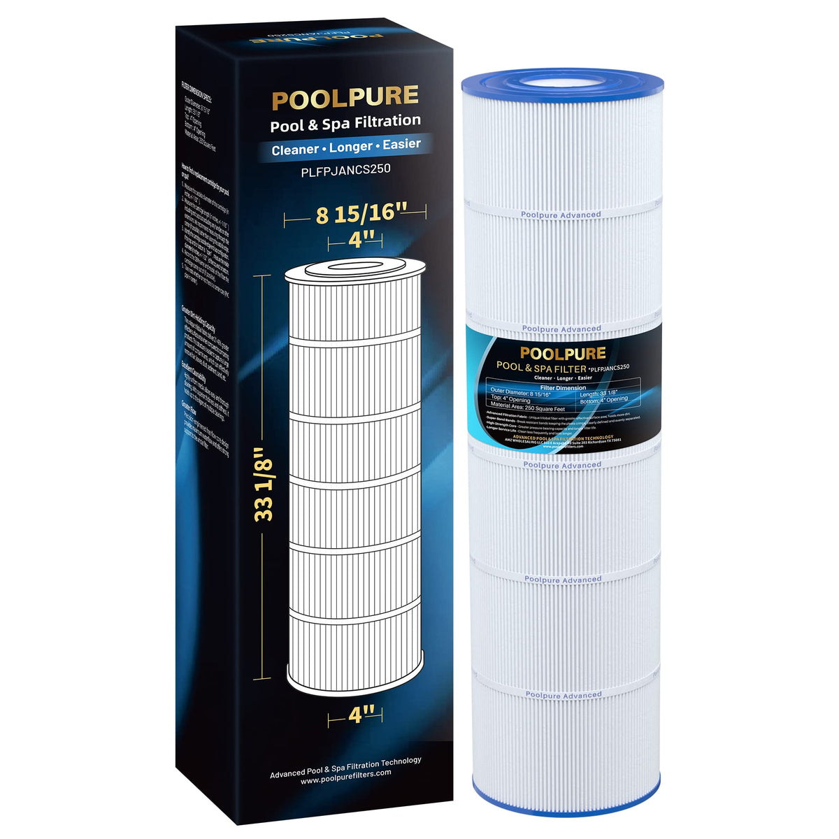 PoolPure PLFPJANCS250 filter front view showing advanced Trilobal filtration for clear water.