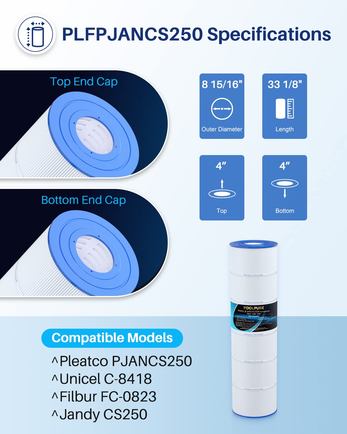 PoolPure PLFPJANCS250 filter side view highlighting Dirt-Locking filtration for better capture.