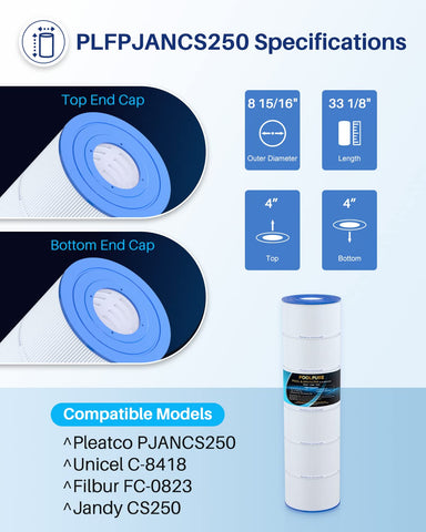 PoolPure PLFPJANCS250 filter side view highlighting Dirt-Locking filtration for better capture.
