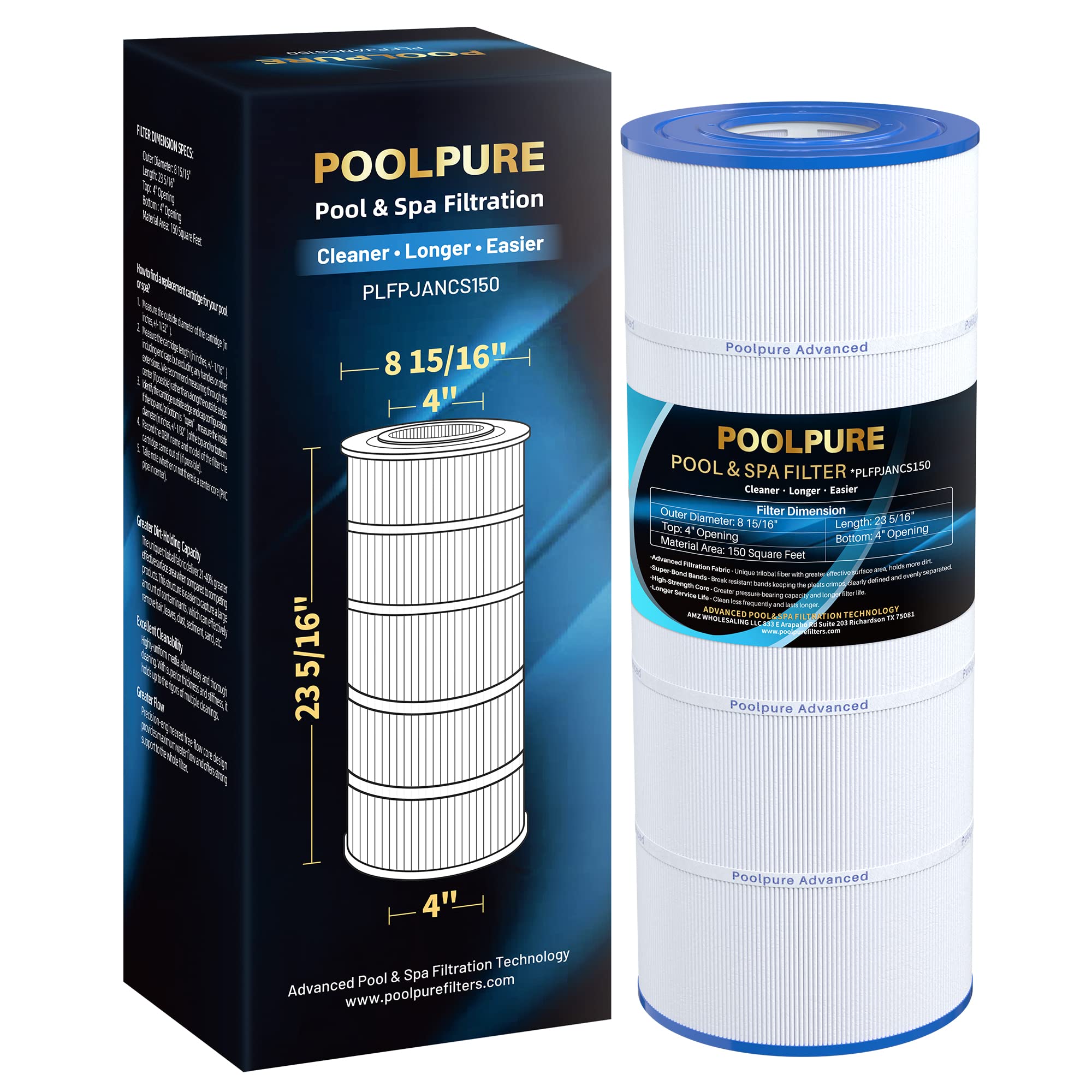 POOLPURE PLFPJANCS150 filter front view illustrates compact, easy-install design for pools.