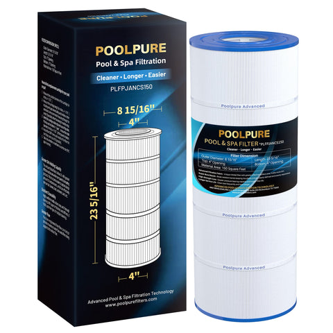 POOLPURE PLFPJANCS150 filter front view illustrates compact, easy-install design for pools.