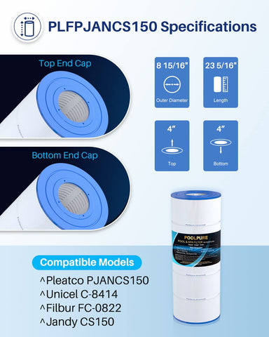 POOLPURE PLFPJANCS150 filter side view highlights slim profile for tight equipment spaces.