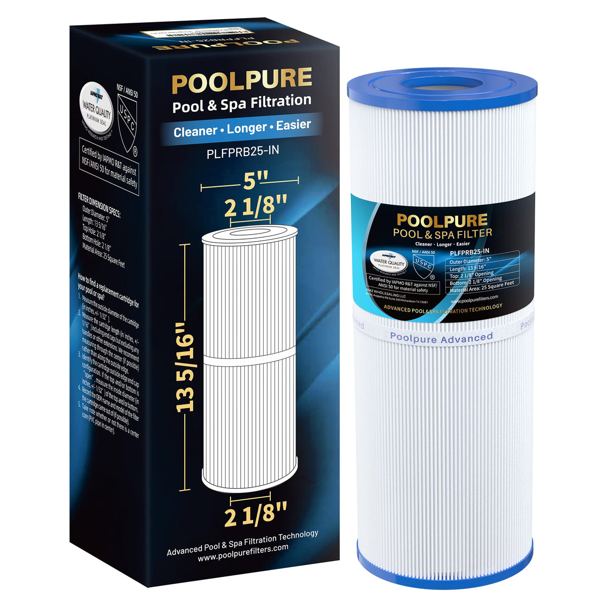 POOLPURE PLFPRB25-IN filter front view showing compact spa compatibility and easy maintenance