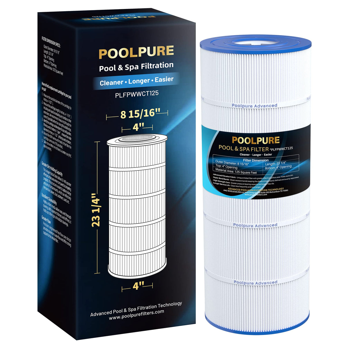 POOLPURE PLFPWWCT125 filter cartridge fits compatible pool systems for easy replacement and clean water.