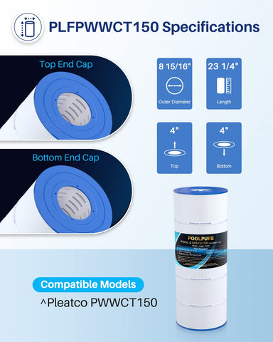 POOLPURE PLFPWWCT150 dimensions and specs highlight cartridge size and filtration area.