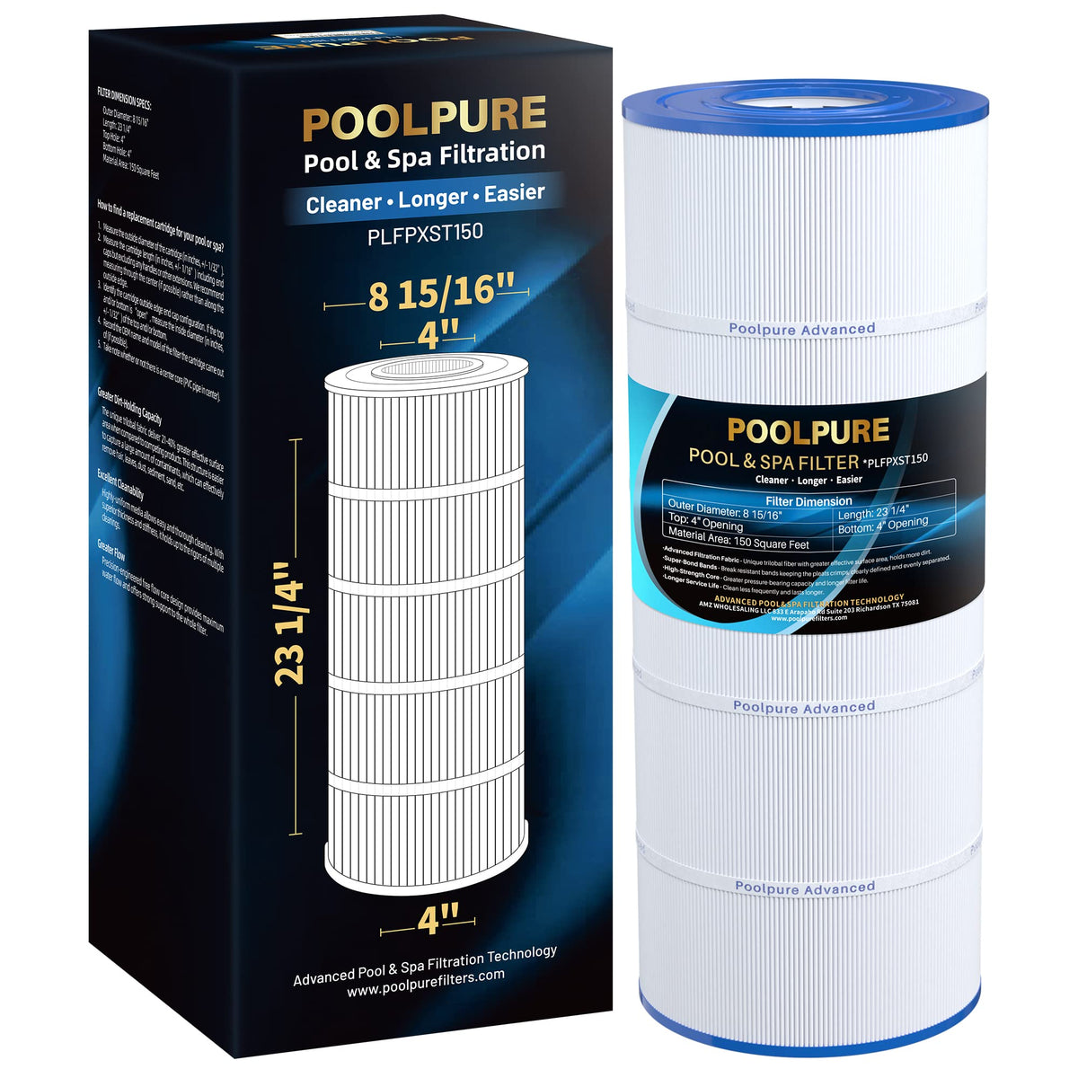POOLPURE PLFPXST150 front view filter cartridge for easy pool maintenance