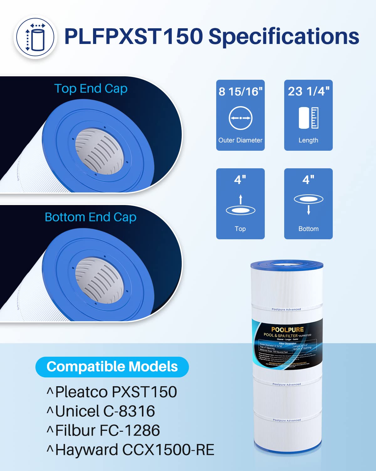 POOLPURE PLFPXST150 side view cartridge shown fitting compatible systems