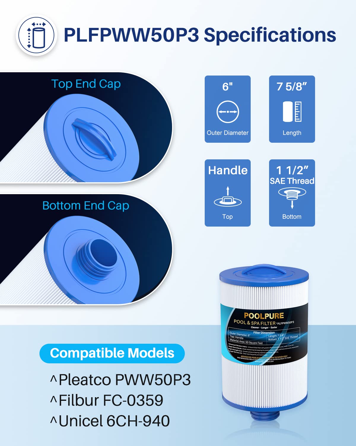 POOLPURE PWW50P3 compatible with Filbur FC-0359 for easy maintenance and long life