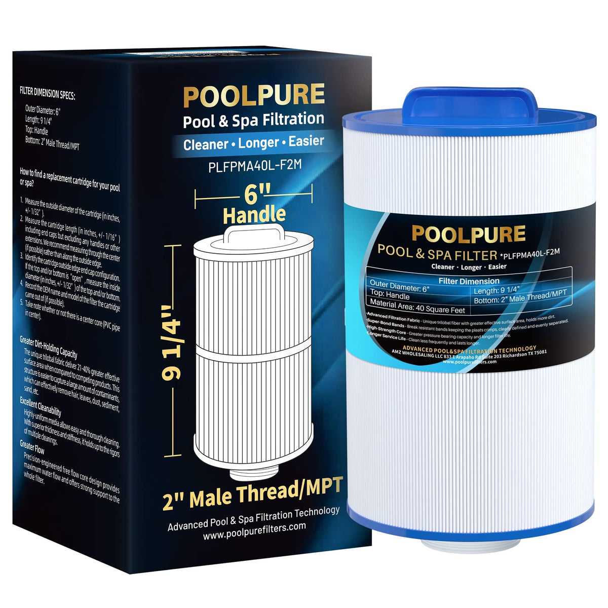 POOLPURE replacement spa filter PMA40L-F2M improves spa water clarity and flow.