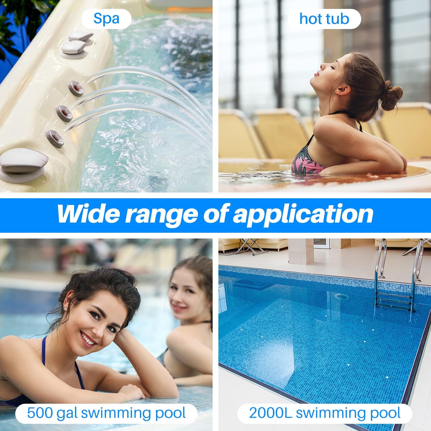 POOLPURE spa compatibility graphic showing broad use across tubs and pools.