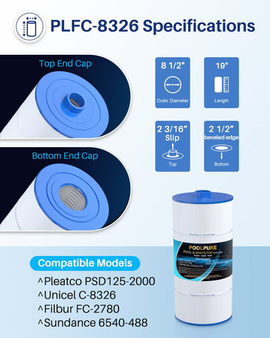 POOLPURE spa filter showing compatibility with Sundance and other models.