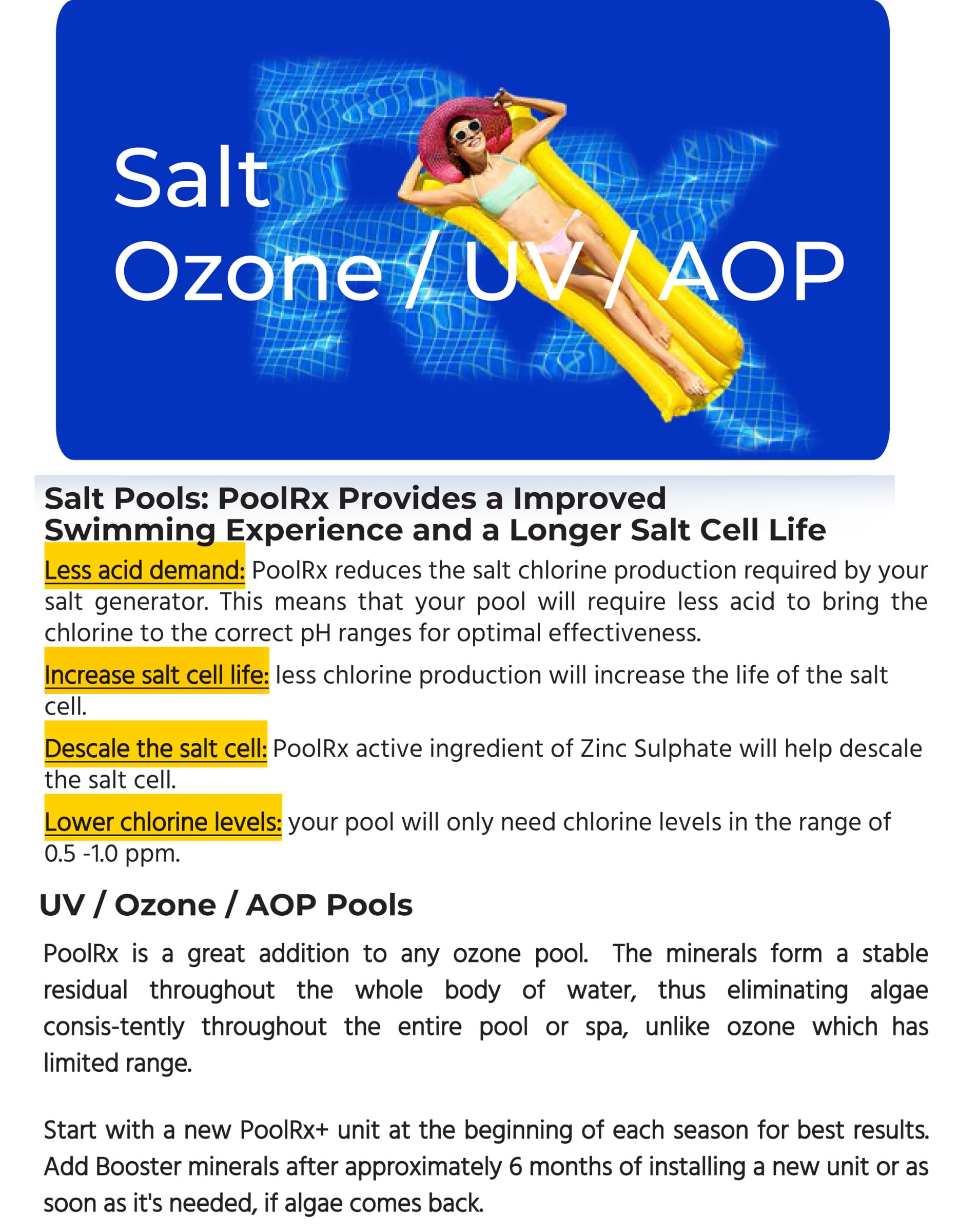 PoolRx 102001 minerals supporting reduced chemical demand.