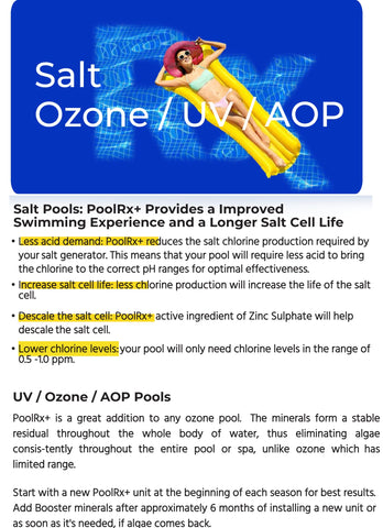 PoolRx+ compatibility tag notes chlorine, salt, UV or ozone pools.