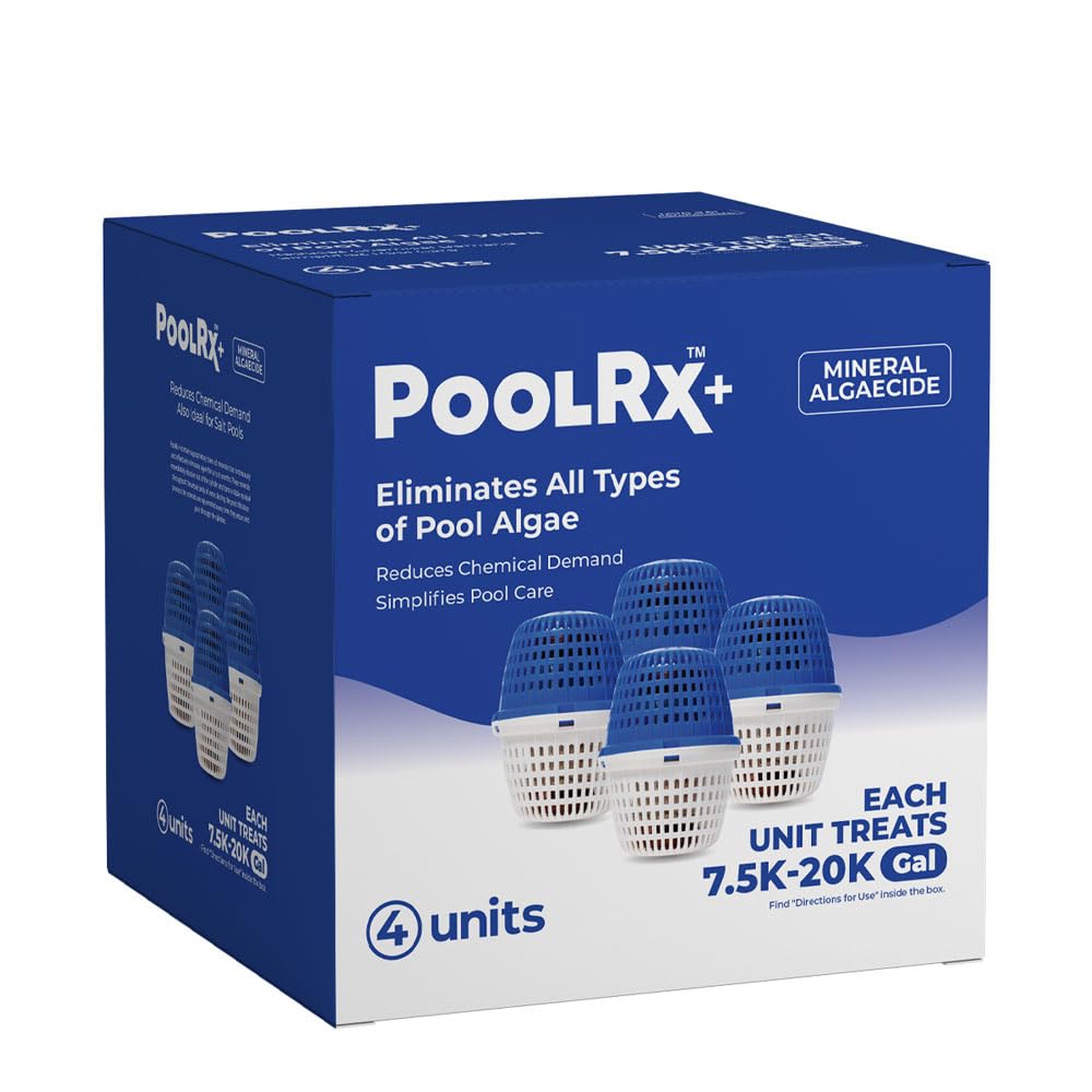 PoolRX+ four-pack blue box packaging for algae control in your pool.