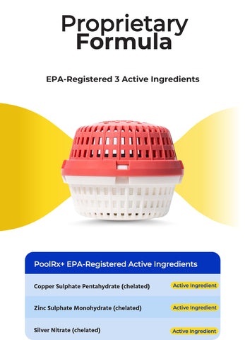 PoolRx+ mineral algaecide ingredients copper, zinc, and silver for algae prevention.