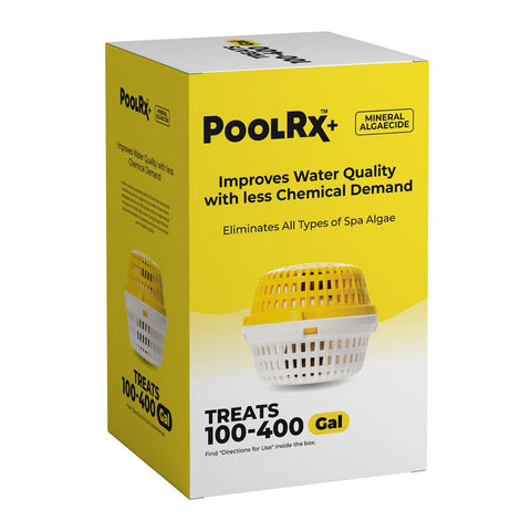 PoolRx+ mineral algaecide unit in yellow packaging helps reduce algae in spas.
