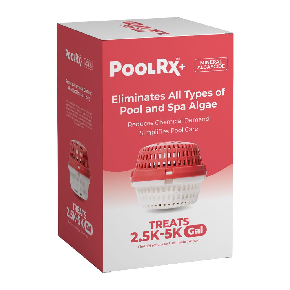 PoolRx+ red and white unit packaging shows trusted algaecide for up to 6 months.