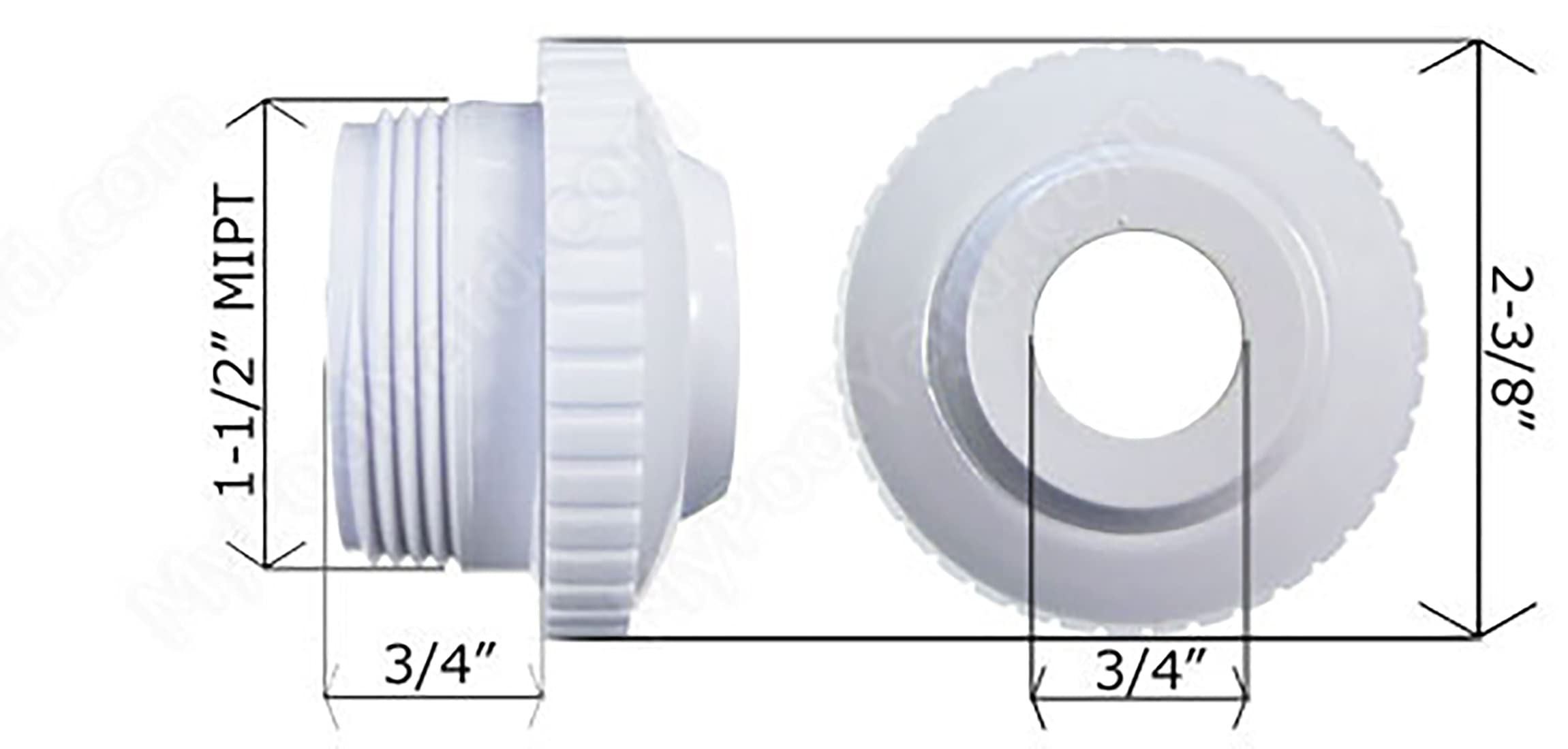 PoolSupplyTown 1-1/2-inch threaded male threads fit standard pool fittings.