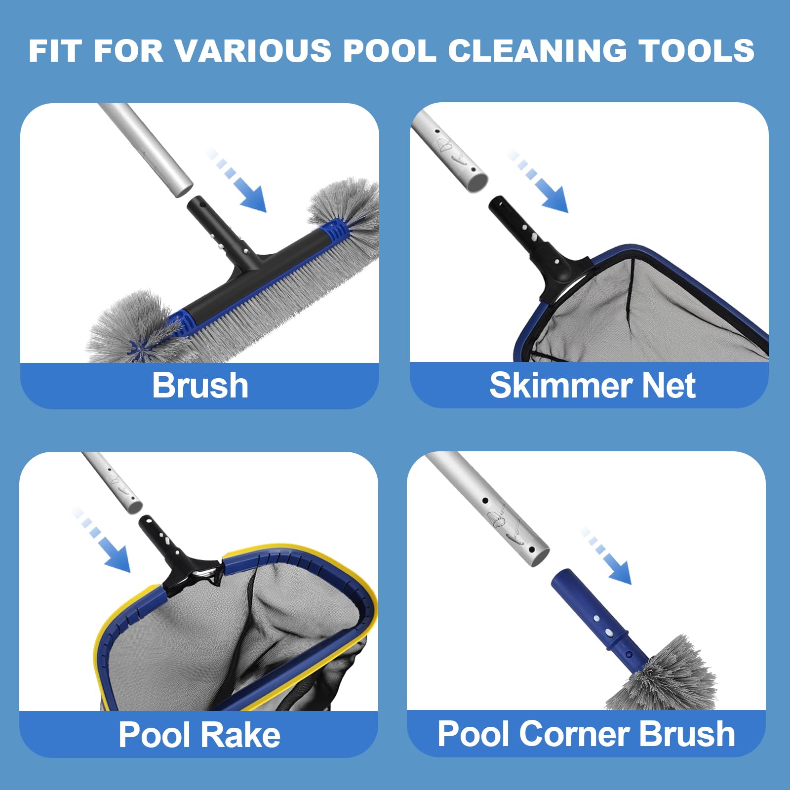 Poolvio unique 3-piece brush with detachable 360° heads for flexible use.