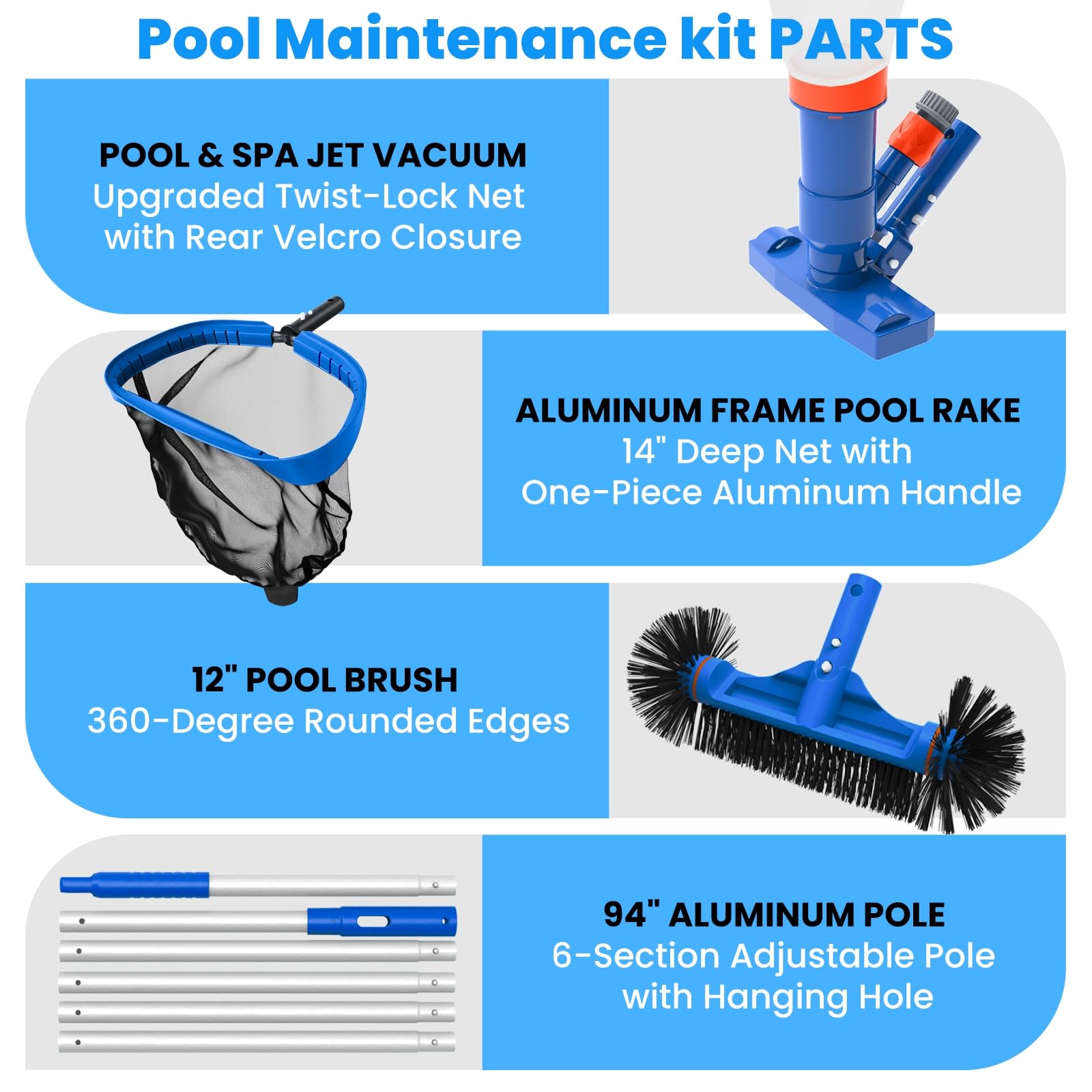 Poolvio 8-foot adjustable aluminum pole reaching pool walls and floor.