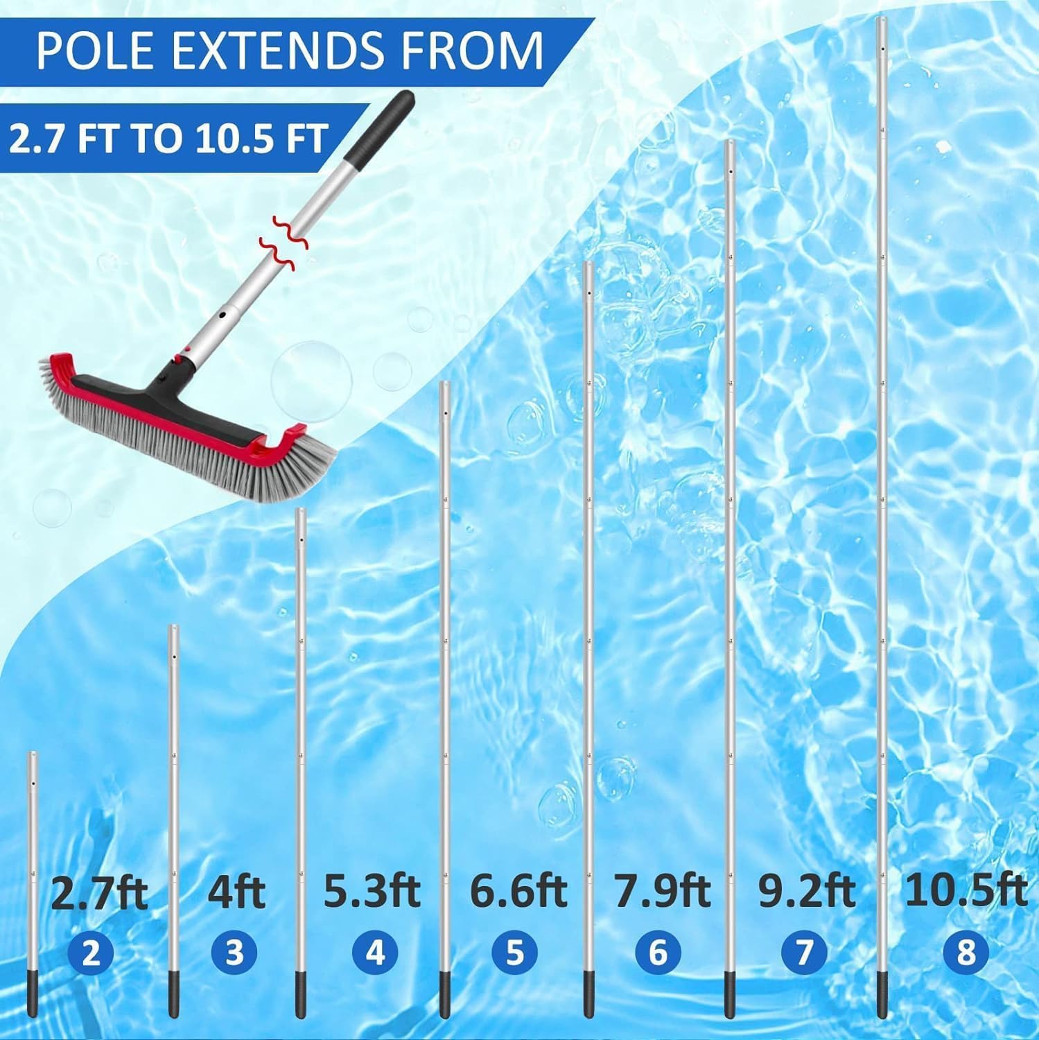 Poolvio adjustable pole 3 to 10.5 ft for hard-to-reach areas.
