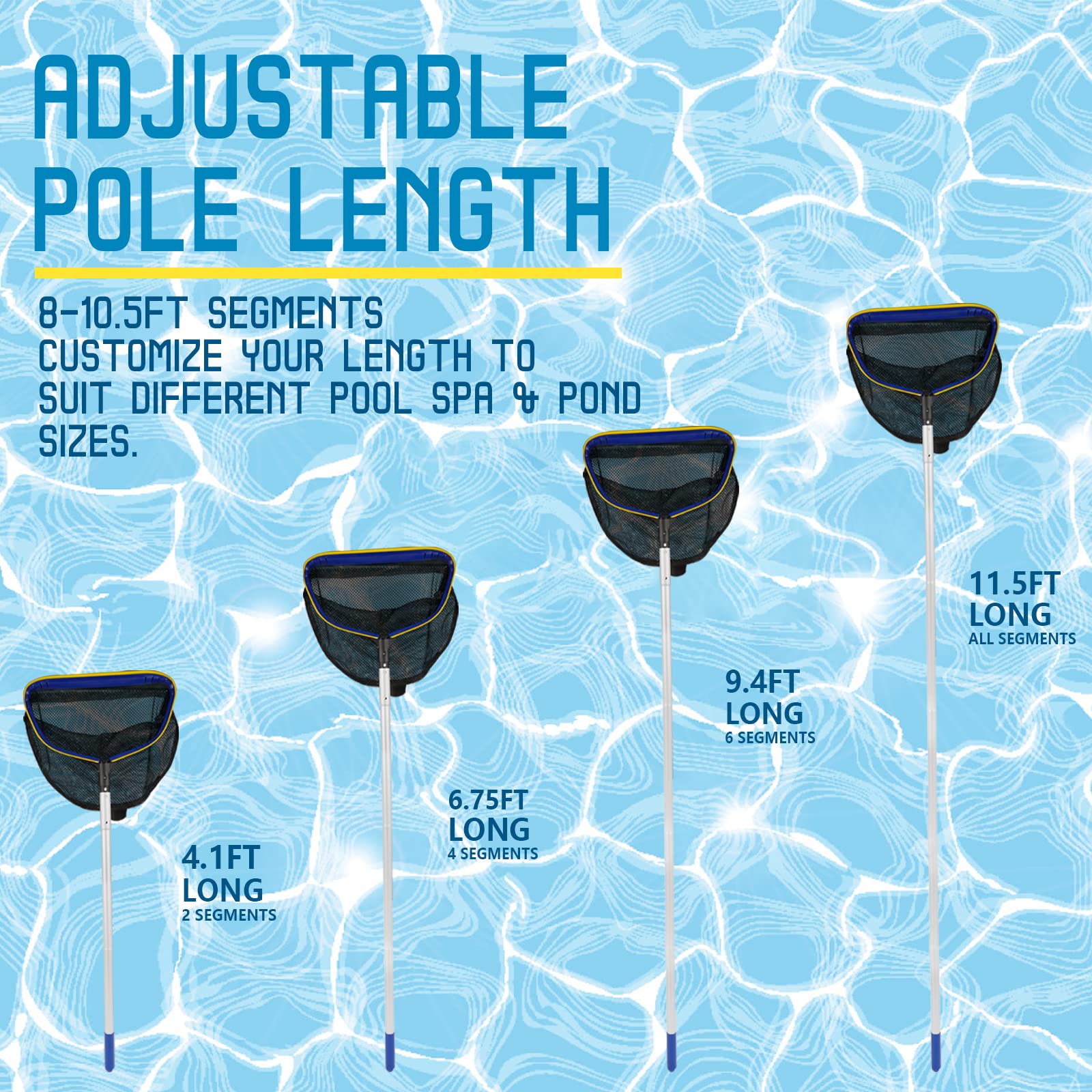 Poolvio adjustable pole extends from 3ft to 10ft for hard-to-reach areas.