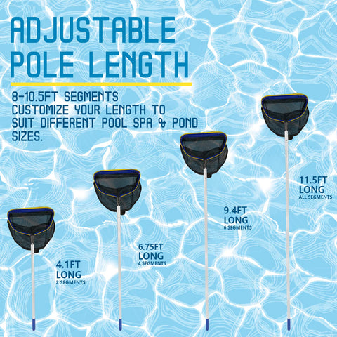 Poolvio adjustable pole extends from 3ft to 10ft for hard-to-reach areas.