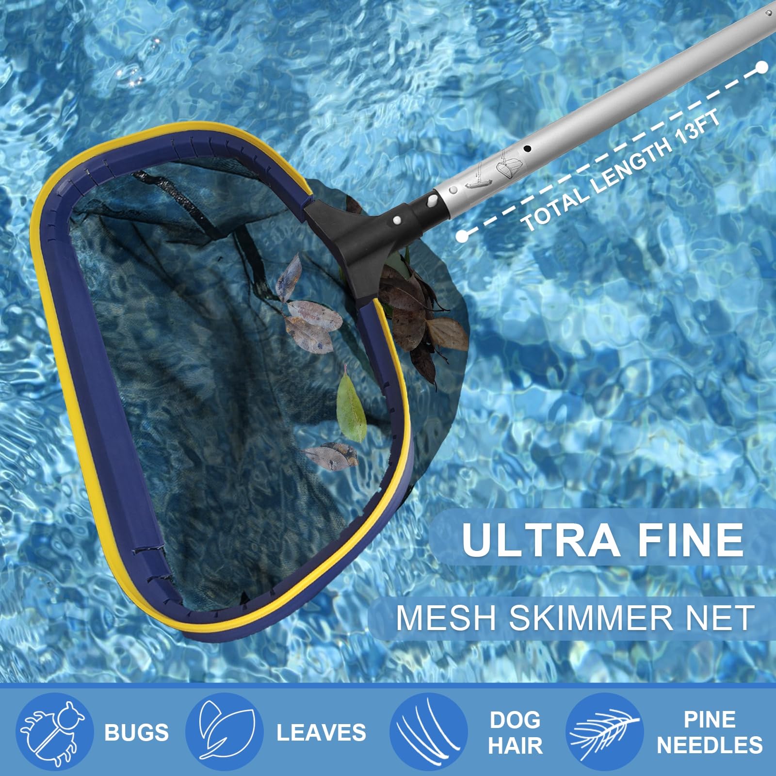 Poolvio angled front lip net helps quick scooping along the water surface.