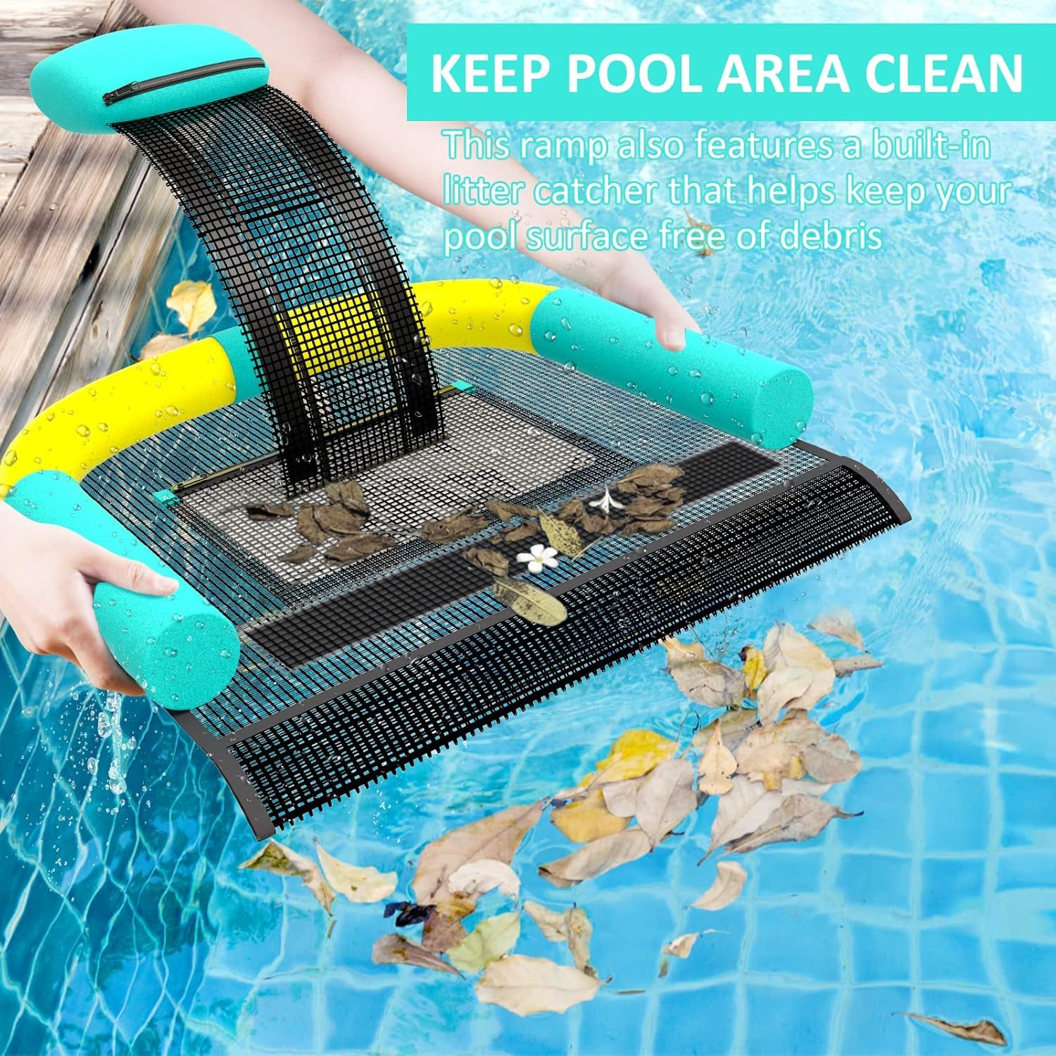 Poolvio Animal Saving Escape Ramp with debris net catching leaves and debris.