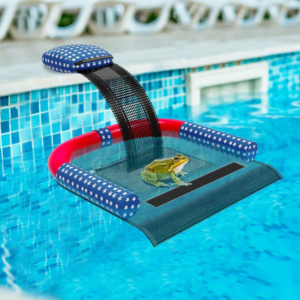 Poolvio Animal Saving Escape Ramp on a pool surface showing escape path and debris net for maintenance