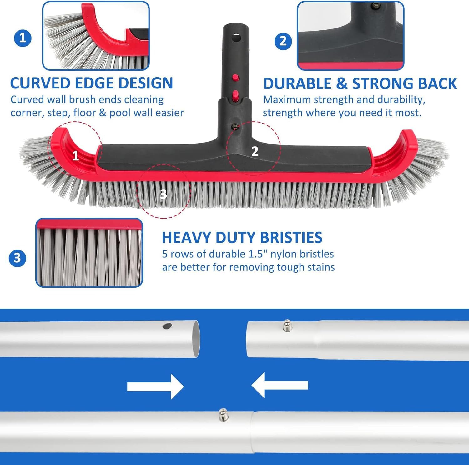 Poolvio curved ends and 45-degree head improve surface contact.