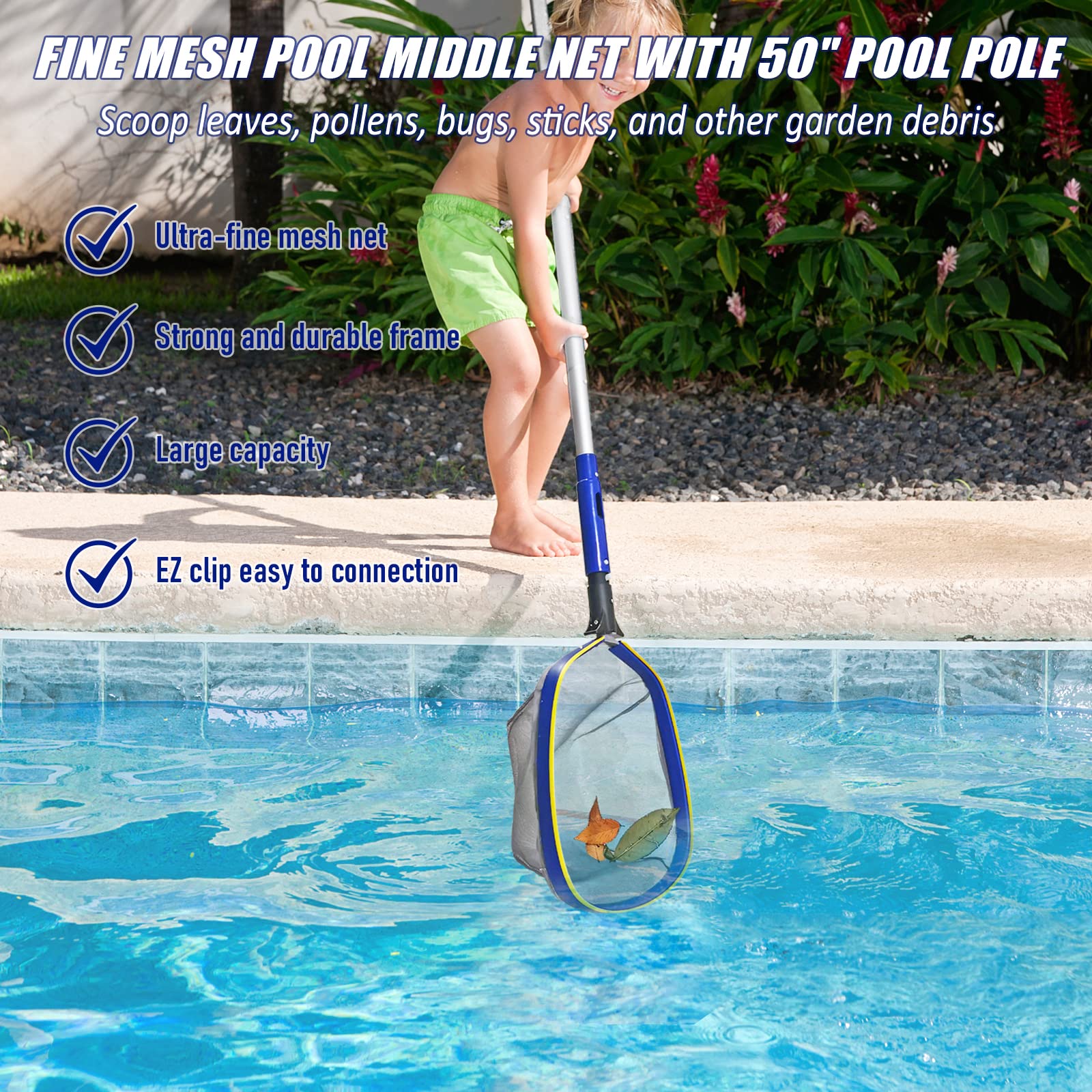 Poolvio middle bag skimmer net capturing debris