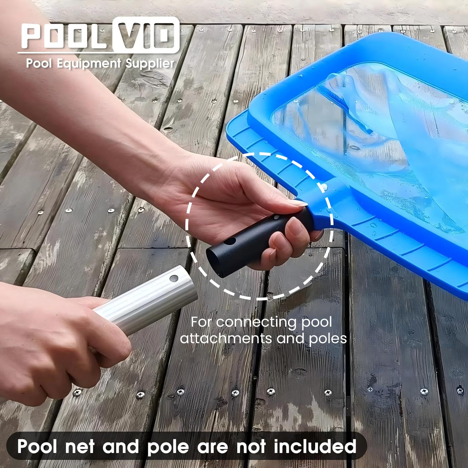 Poolvio universal holder shown fitting 1-1/4 inch poles.
