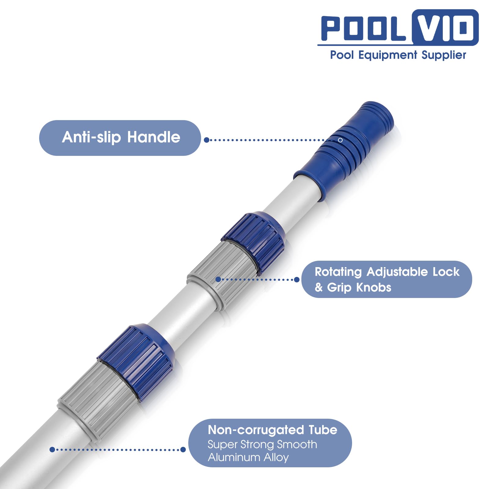 Poolvio rust-proof aluminum pole with 1-1/4 inch connection for common tools
