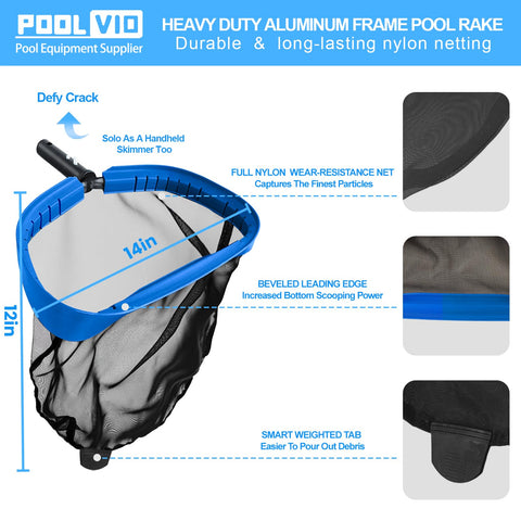 Poolvio skimmer net with slanted lip and weighted tab.