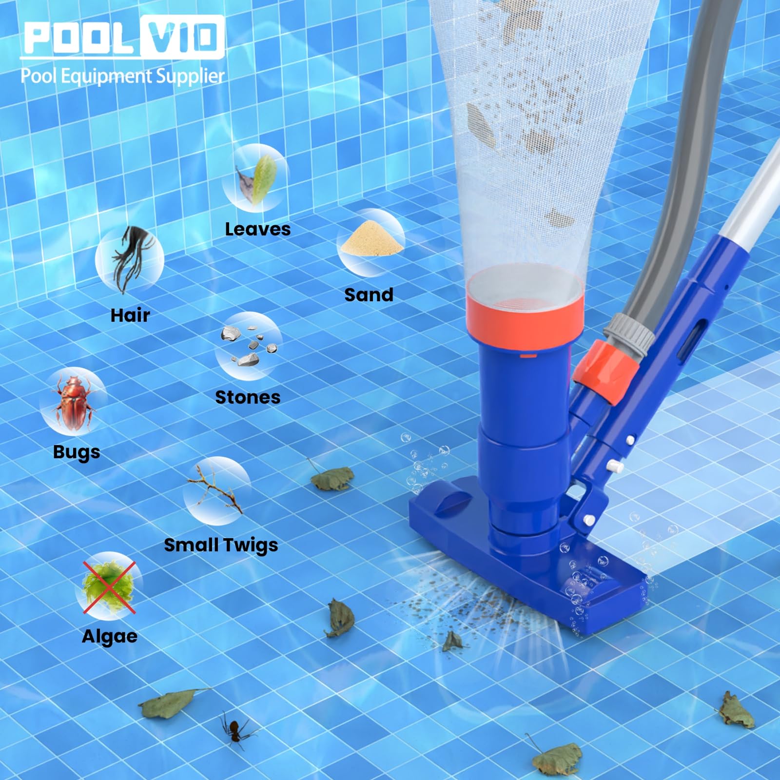 Poolvio twist-lock debris bags keep debris secure during cleaning.