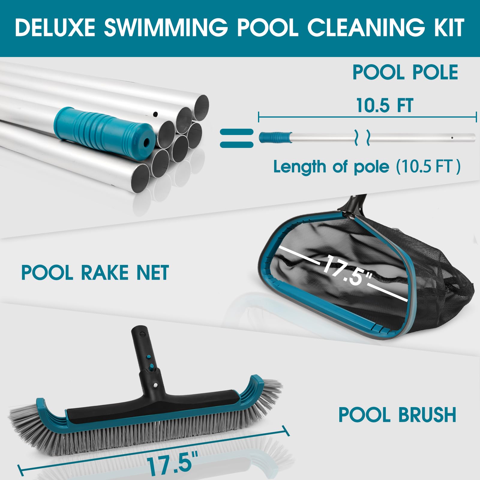 Poolwhale 17.5-inch brush head covers wide areas for quick scrubbing.