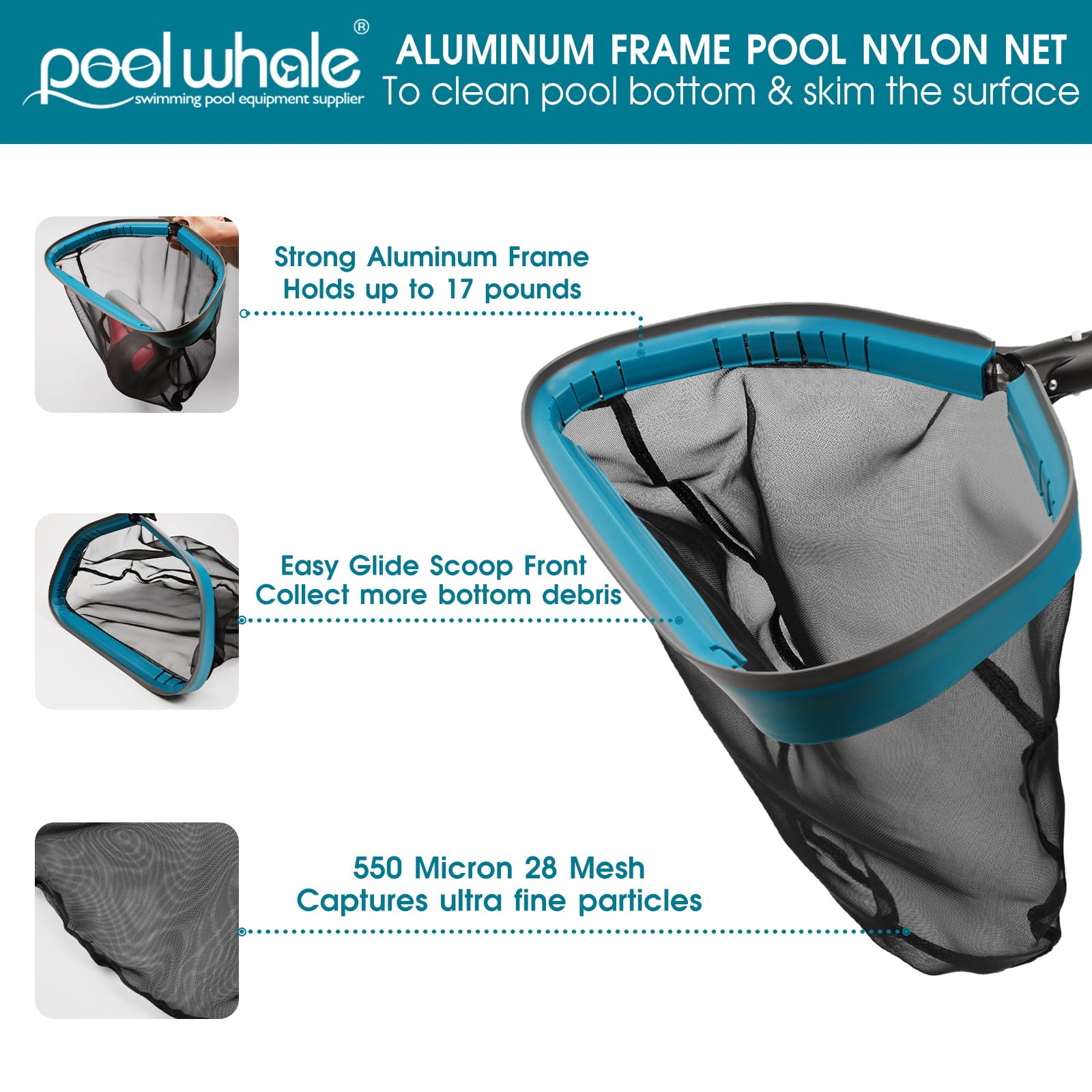 Poolwhale 17.5-inch fine mesh skimmer net captures leaves and debris.