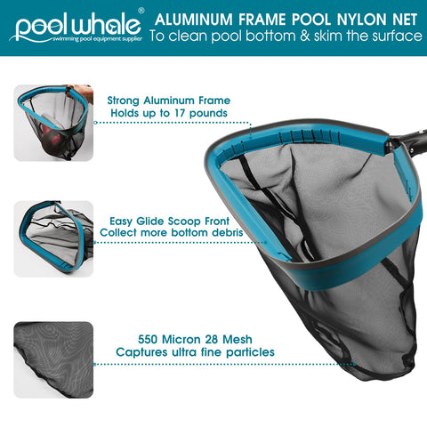 Poolwhale 17.5-inch fine mesh skimmer net captures leaves and debris.