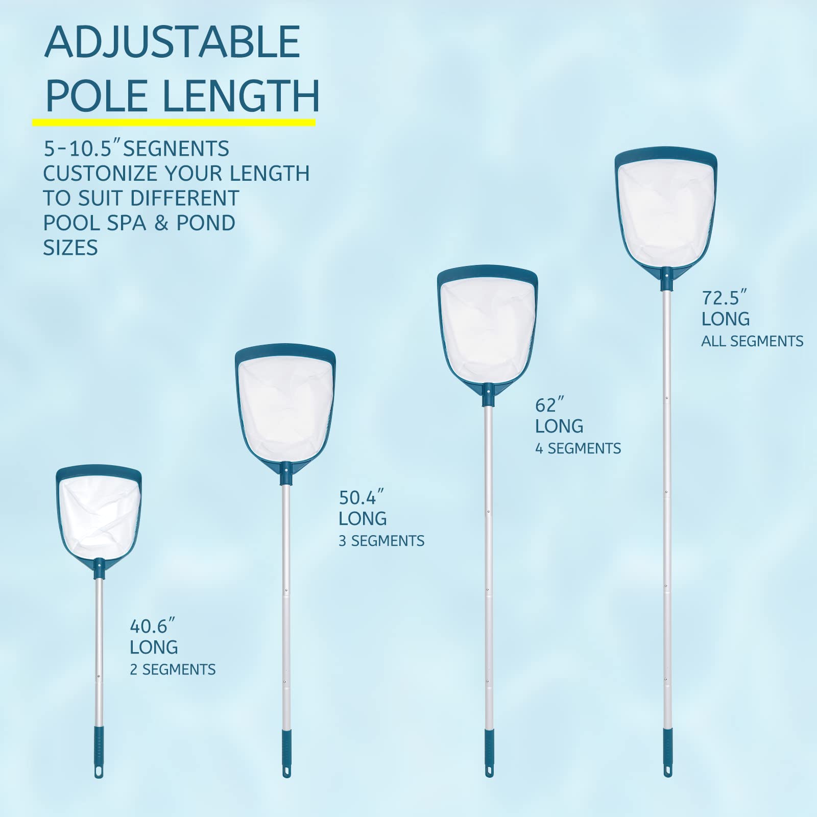 POOLWHALE aluminum pole extended for deep skimming and long reach.