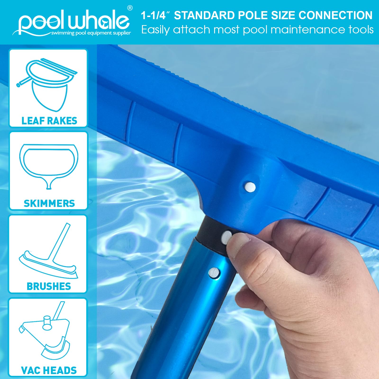Blue anodized aluminum pool pole offers durable, rust-resistant performance.