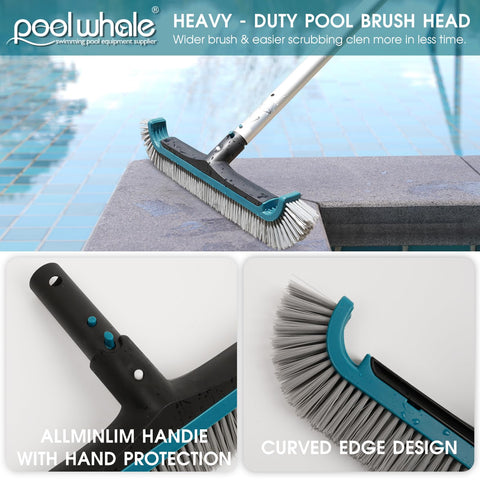 Poolwhale curved wall brush design cleans corners without damaging liners.