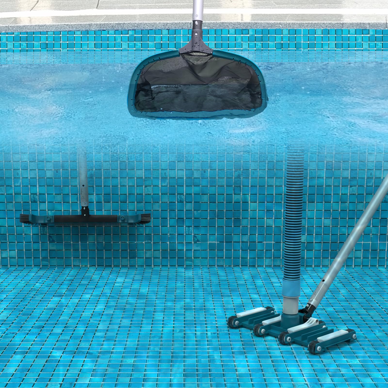 POOLWHALE Deluxe cleaning kit in use for both pool types.
