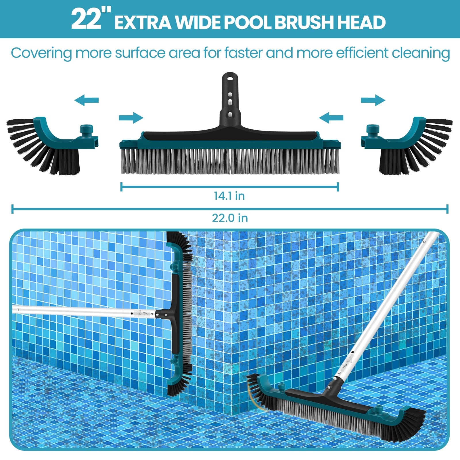 POOLWHALE Deluxe detachable corner brush improves edge cleaning.