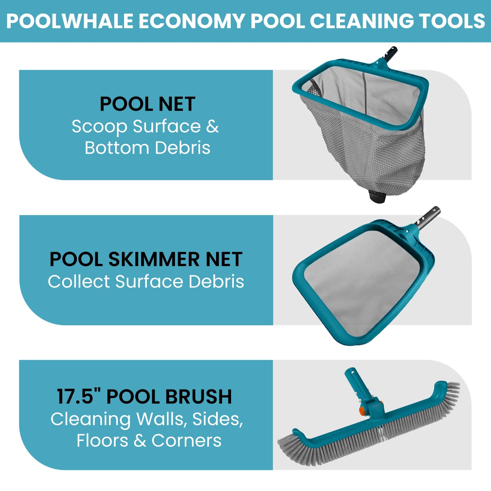 Poolwhale deep pool rake with large pocket for bottom debris collection.