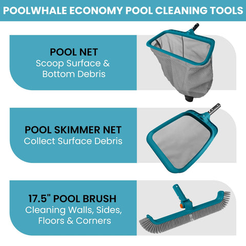 Poolwhale deep pool rake with large pocket for bottom debris collection.