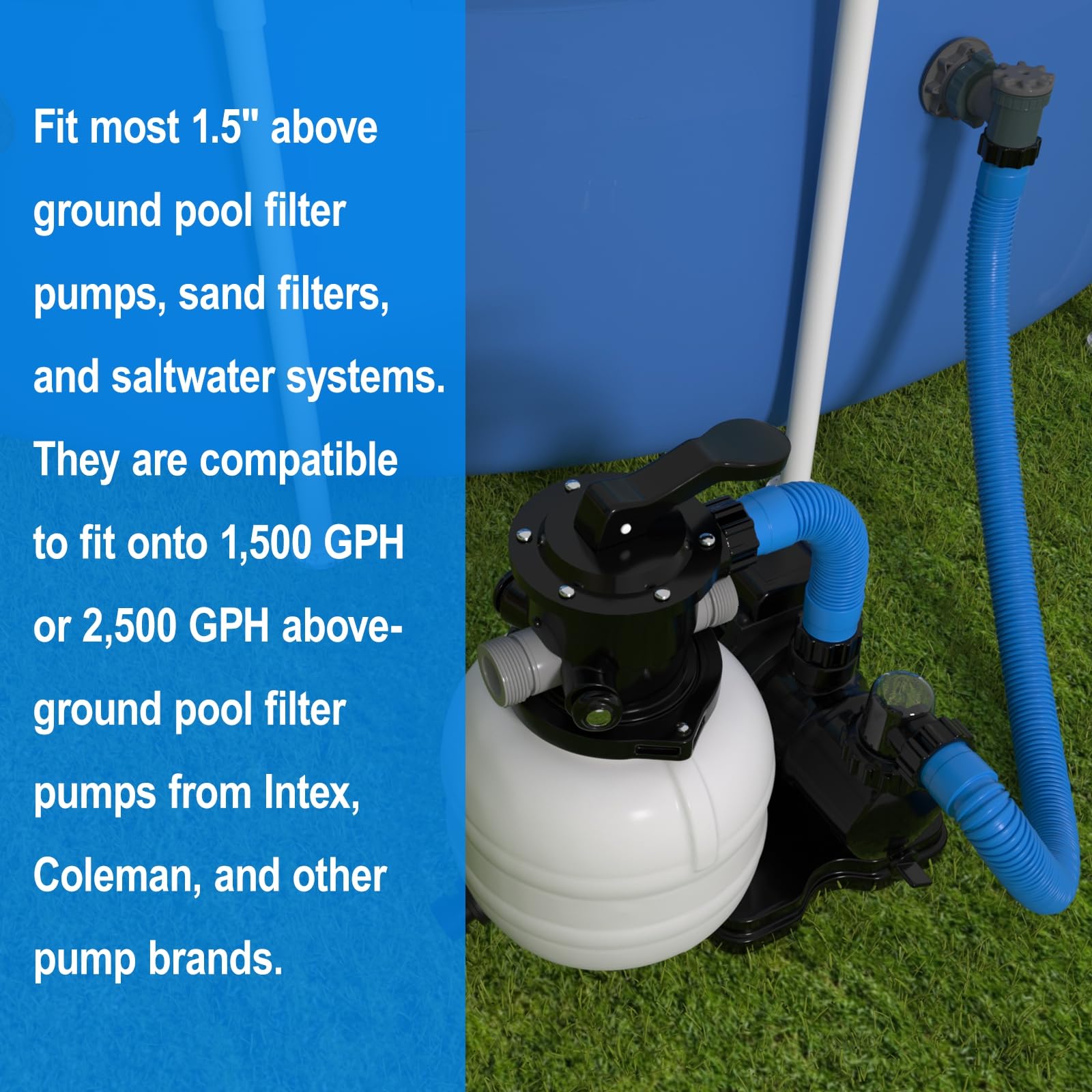 Blue 40-inch PoolWhale hose ends that screw on quickly for tool-free setup