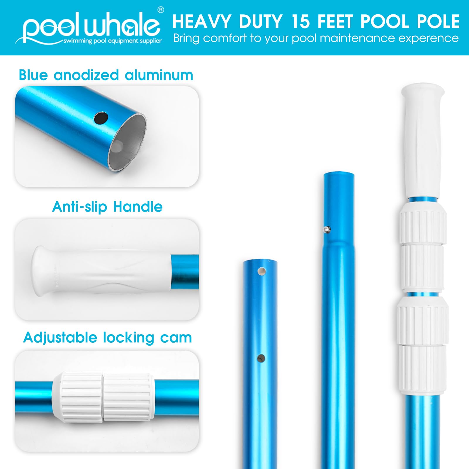 Lightweight pole with drainage holes reduces water siphon during insertion.