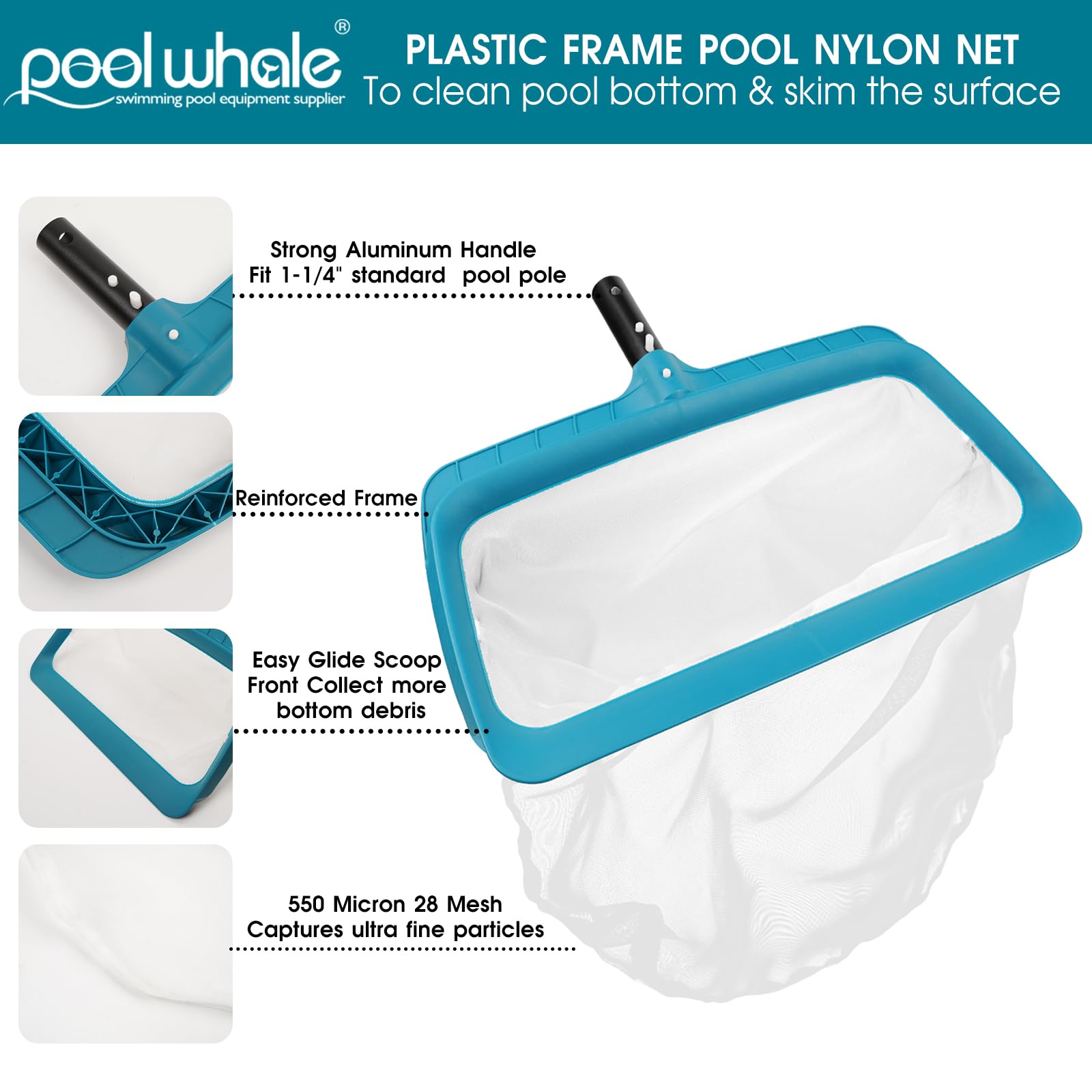 POOLWHALE lightweight plastic frame keeps the net sturdy yet easy to maneuver.